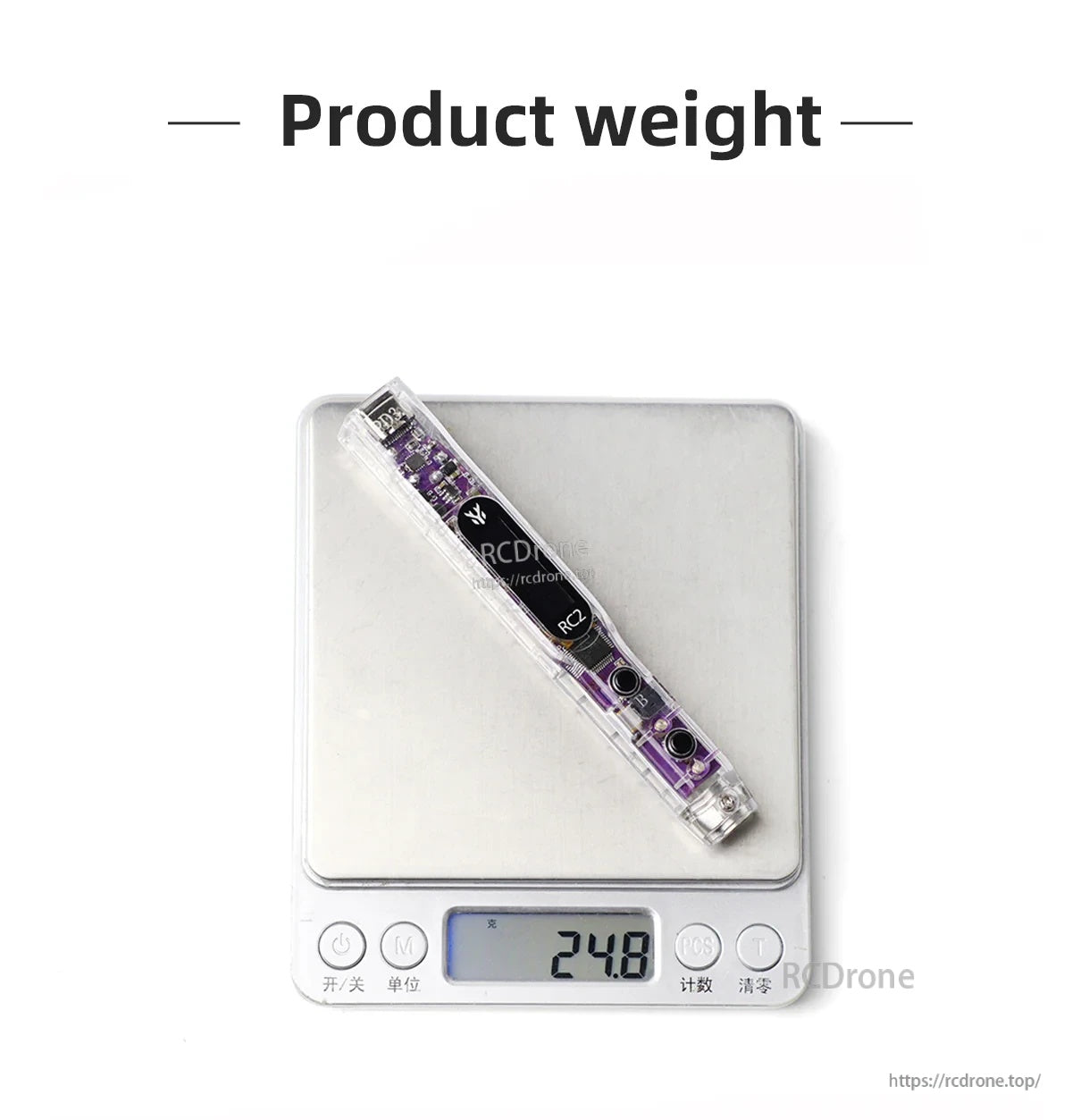 RC2 soldering iron on digital scale showing 24.8 g product weight