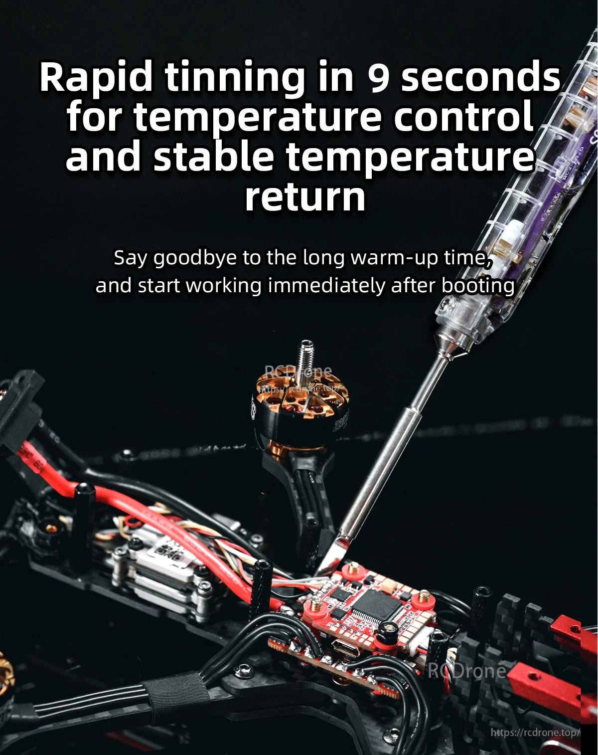 Rapid heating message with RC2 soldering iron working on an electronics board