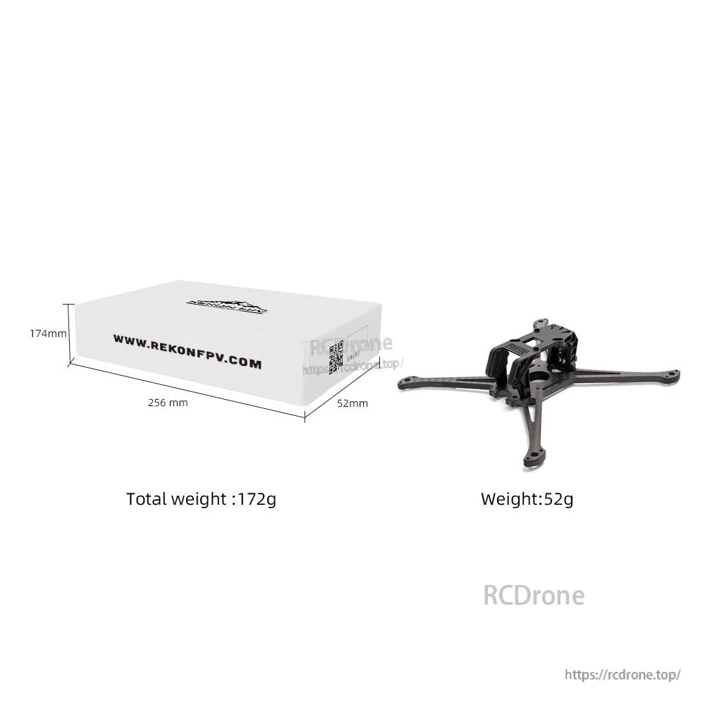 RekonFPV box dimensions and weight graphic with assembled frame shown beside packaging