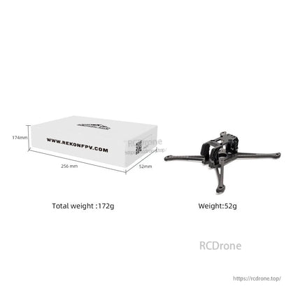 RekonFPV box dimensions and weight graphic with assembled frame shown beside packaging