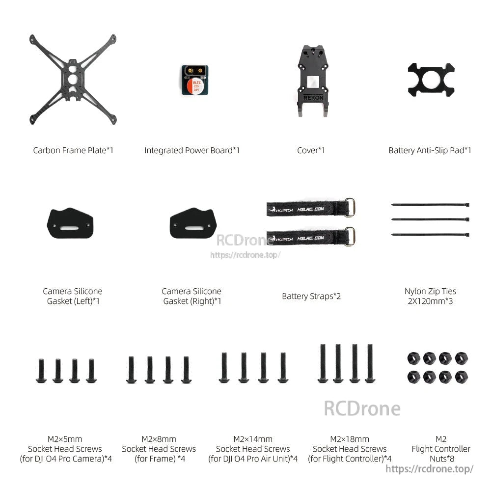 Package contents layout: carbon frame plate, power board, cover, battery pad, straps, zip ties, screws