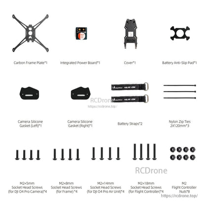 Package contents layout: carbon frame plate, power board, cover, battery pad, straps, zip ties, screws