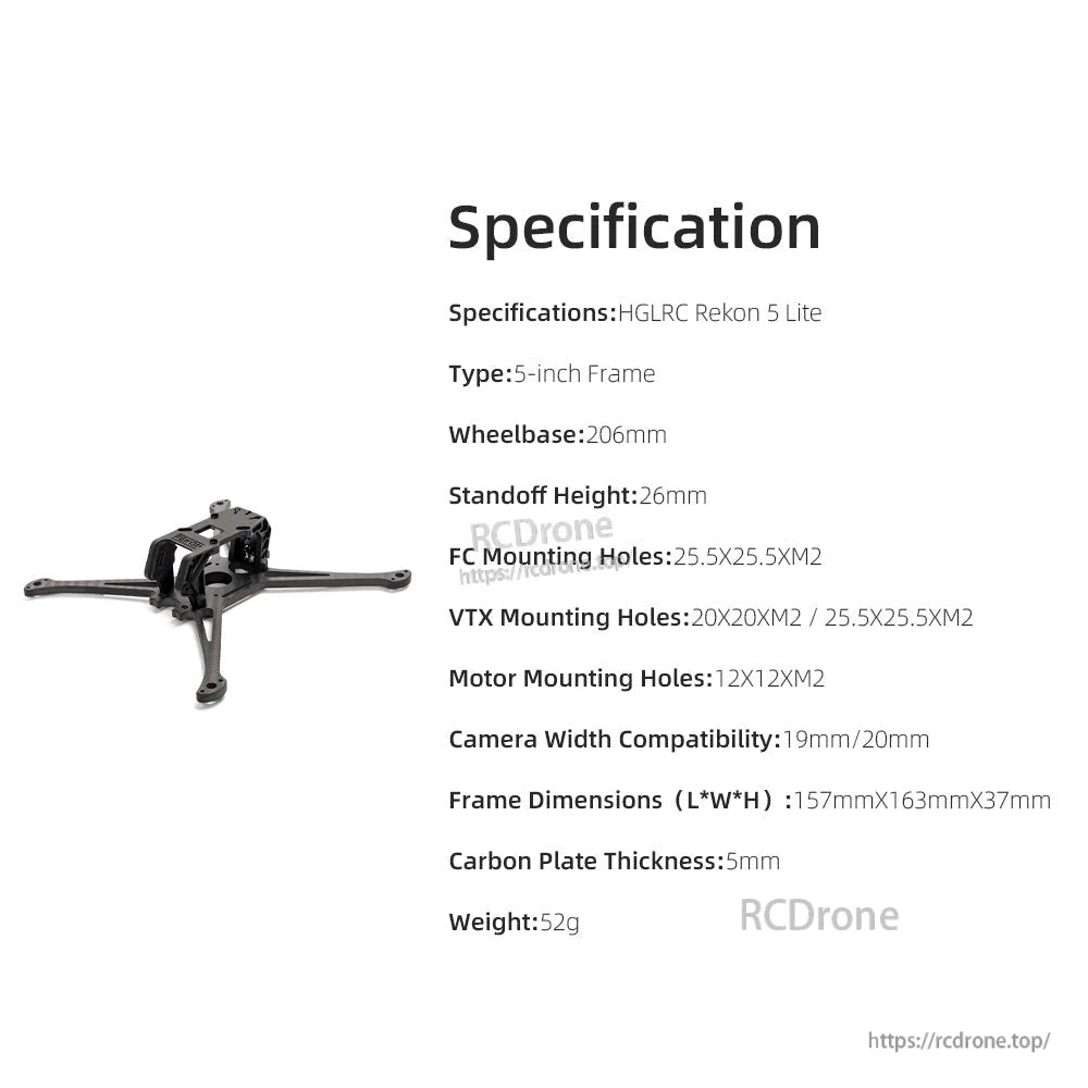 HGLRC Rekon 5 Lite frame specification chart showing 206mm wheelbase, 5mm carbon plate, 52g weight