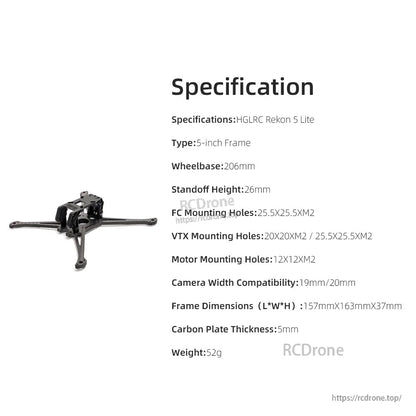 HGLRC Rekon 5 Lite frame specification chart showing 206mm wheelbase, 5mm carbon plate, 52g weight