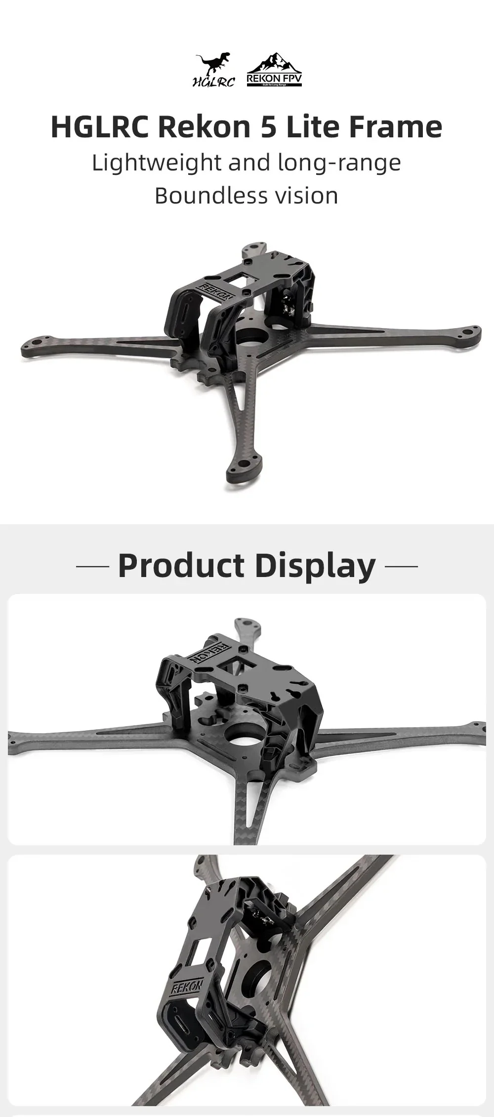 HGLRC Rekon 5 Lite 5-inch FPV drone frame kit with carbon arms and camera cage, angled view
