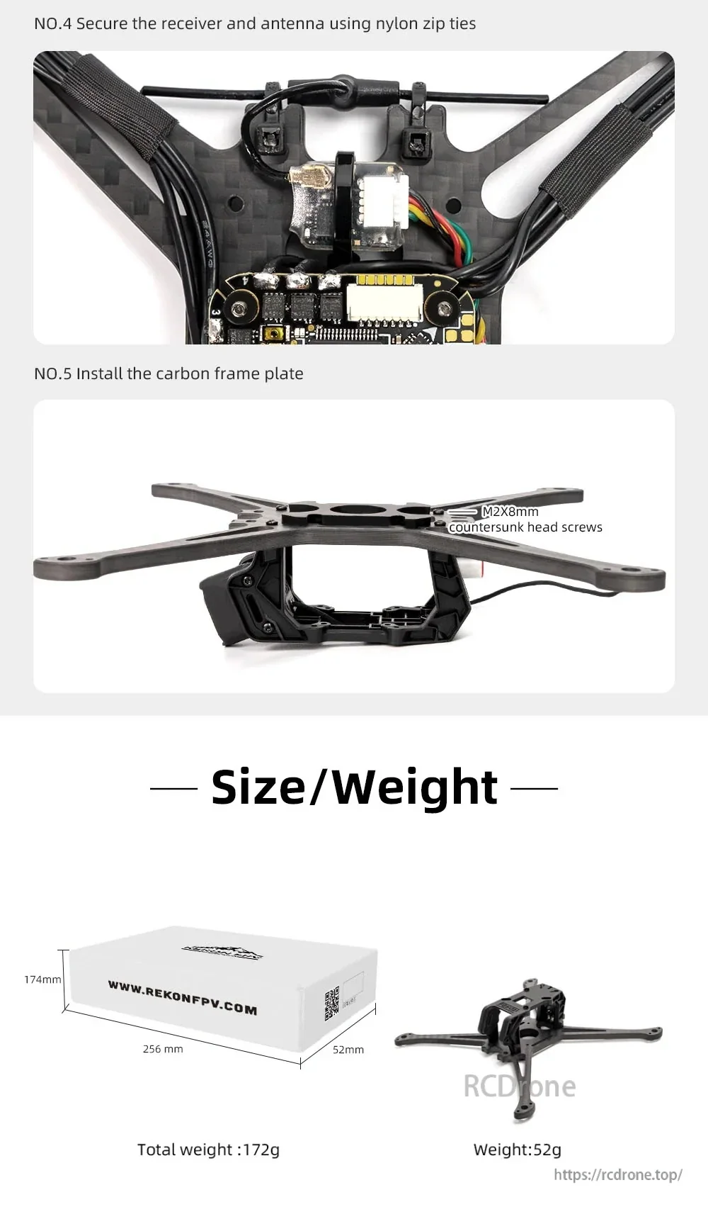 Close-up build steps for Rekon 5 Lite frame: receiver zip-tie routing, carbon top plate install, and size/weight