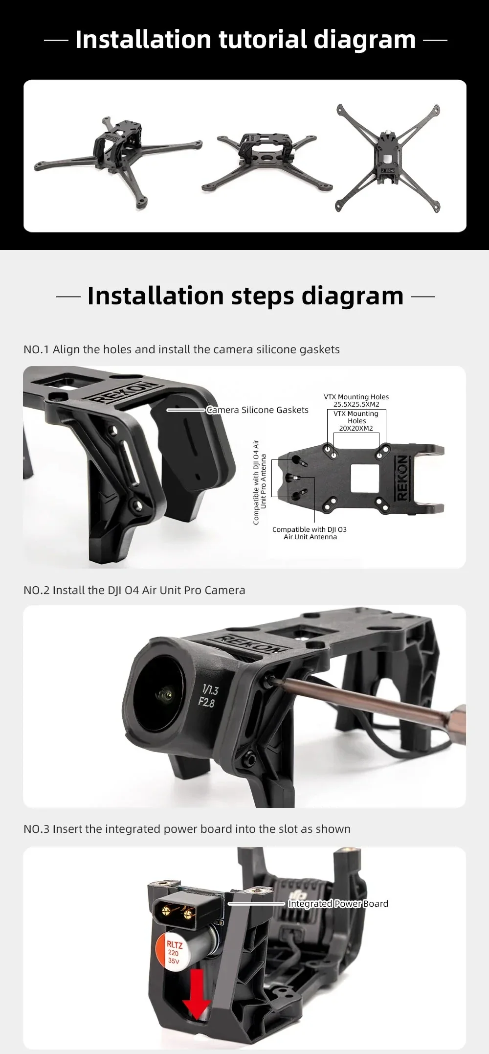 Rekon 5 Lite frame installation steps showing camera gaskets, VTX mount holes, and integrated power board
