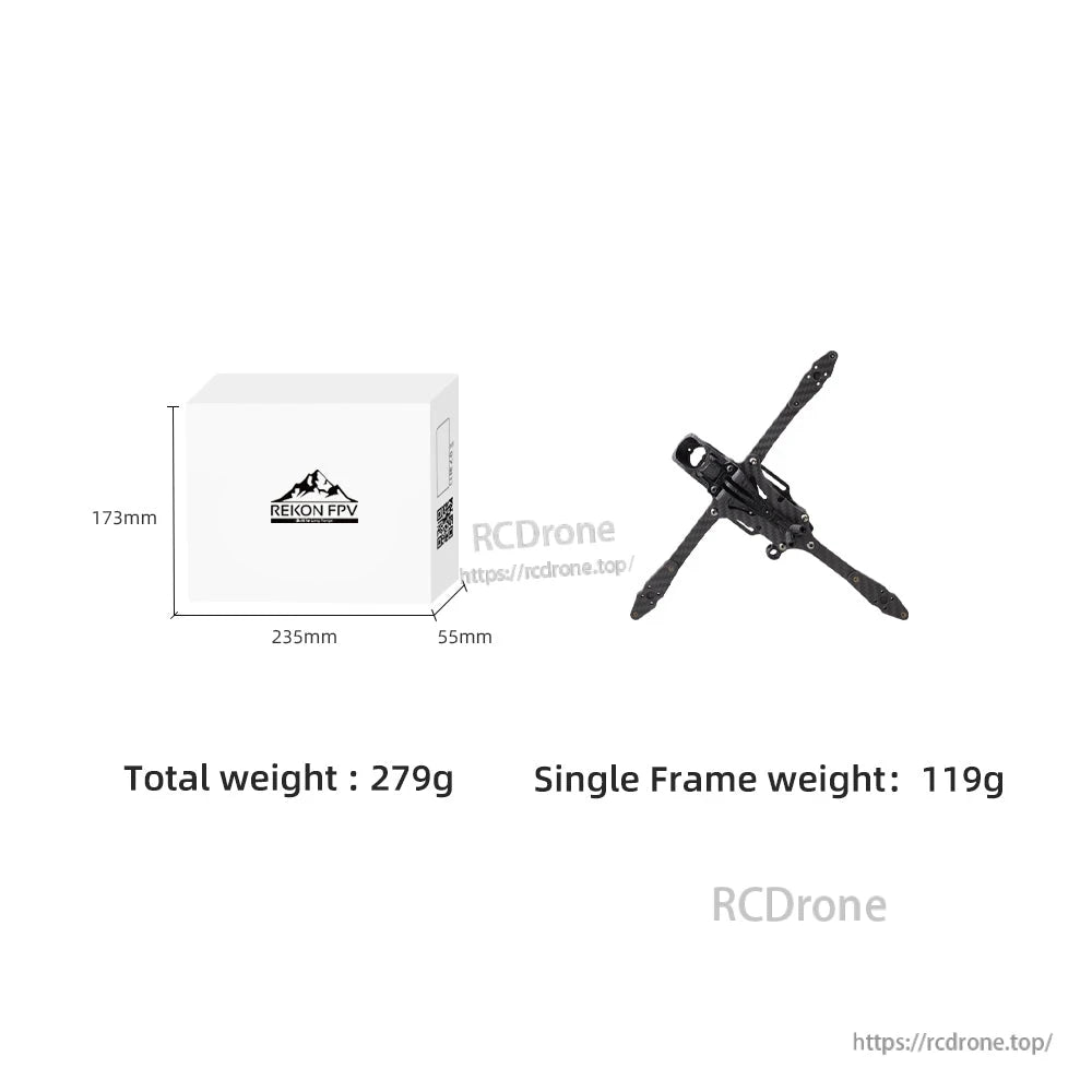 Packaging size and weight graphic showing box dimensions, total weight 279g and frame weight 119g