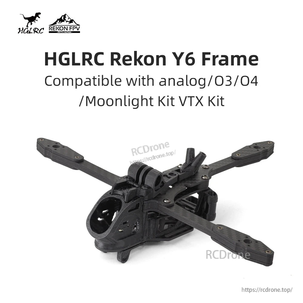 HGLRC Rekon Y6 Frame compatibility graphic for analog, O3, O4 and Moonlight Kit VTX kit
