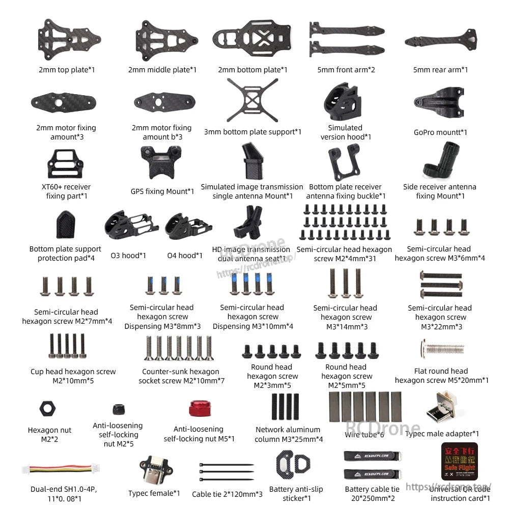 Frame kit parts layout showing carbon plates, arms, mounts, screws, standoffs, straps and cables