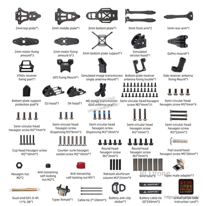 Frame kit parts layout showing carbon plates, arms, mounts, screws, standoffs, straps and cables