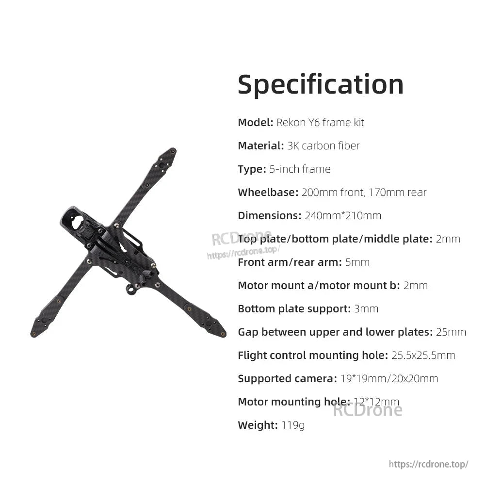 Rekon Y6 frame kit specification chart with dimensions, wheelbase, plate thickness, mount sizes and weight