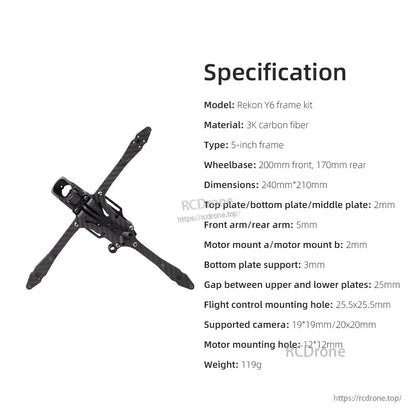 Rekon Y6 frame kit specification chart with dimensions, wheelbase, plate thickness, mount sizes and weight