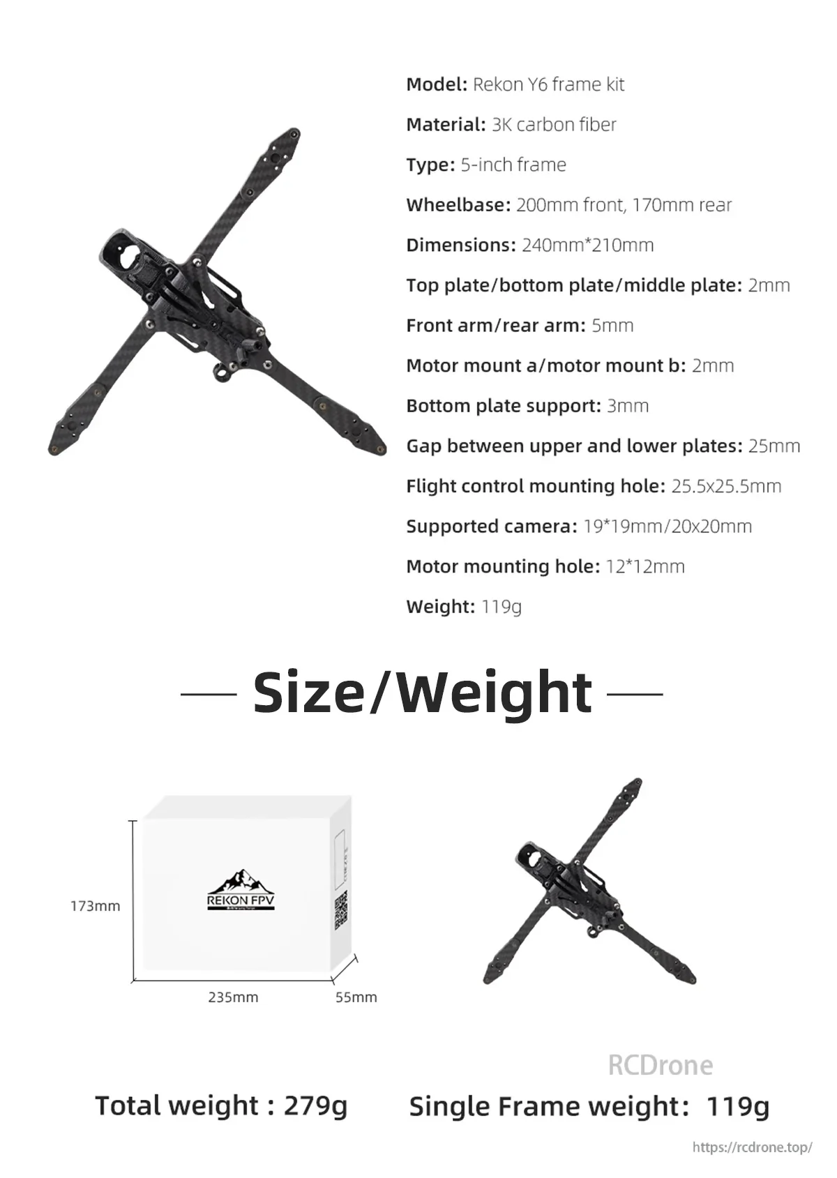 HGLRC Rekon Y6 5-inch FPV frame specifications and size/weight chart with wheelbase, plate thickness, and weights