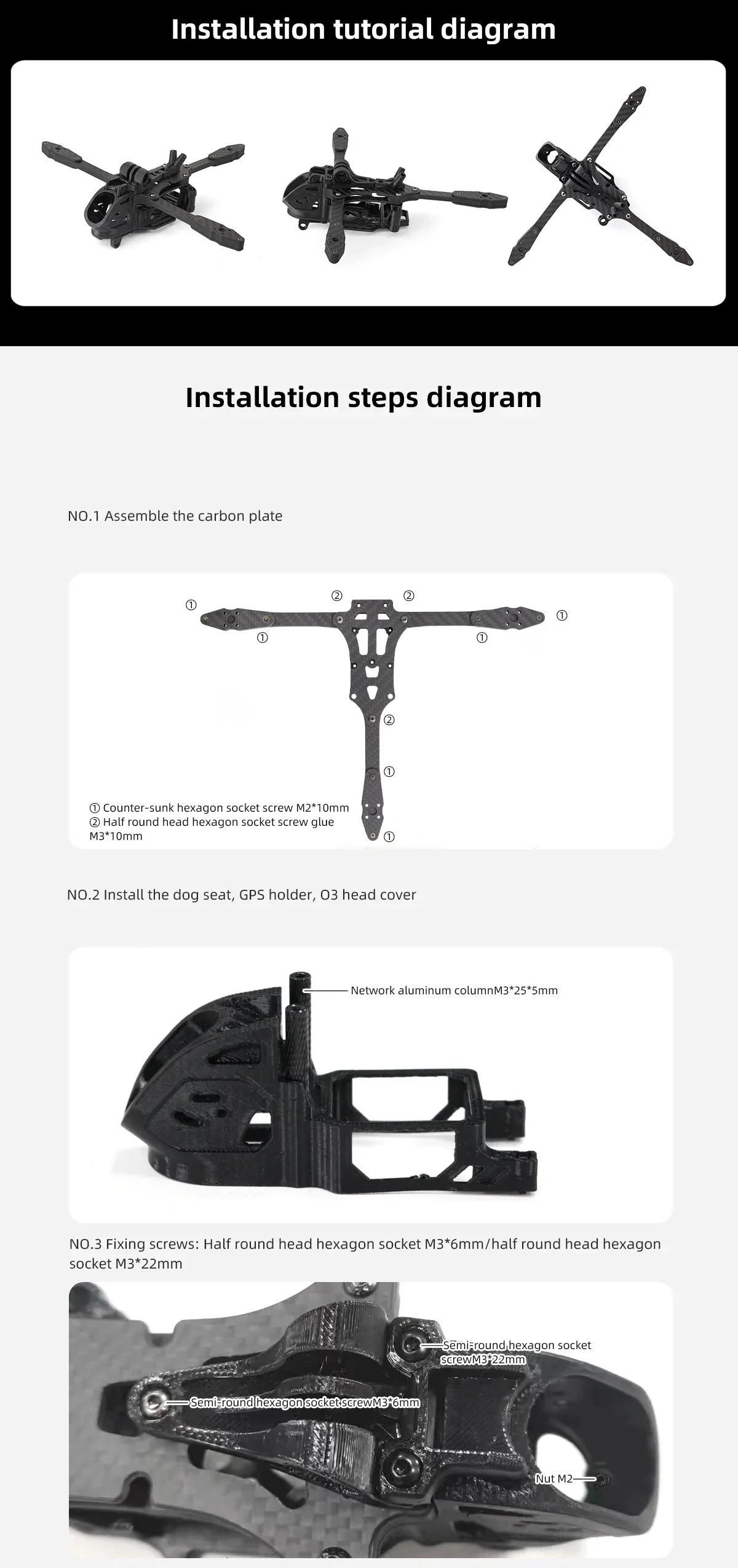 Rekon Y6 frame installation guide with multiple angles and step-by-step carbon plate assembly diagram