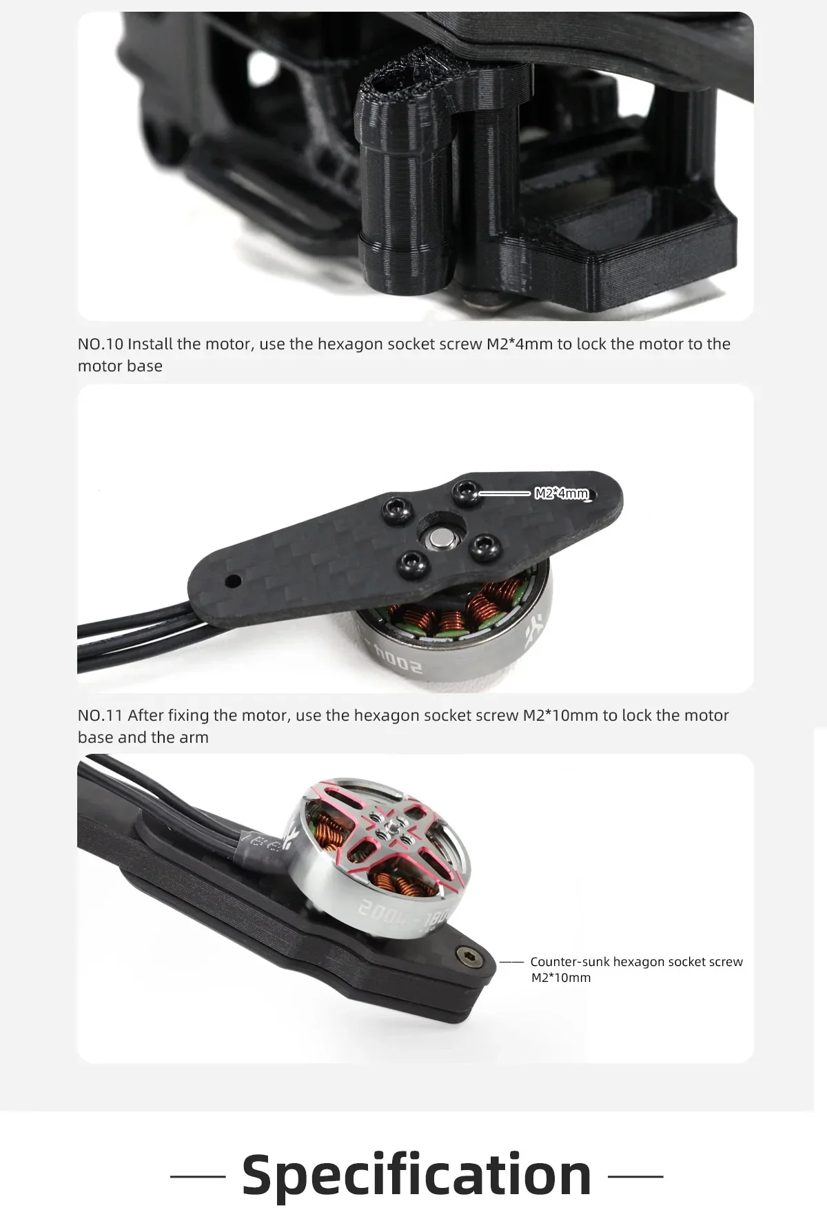 Motor base and arm mounting close-up, showing screw positions for securing a motor to the carbon fiber arm