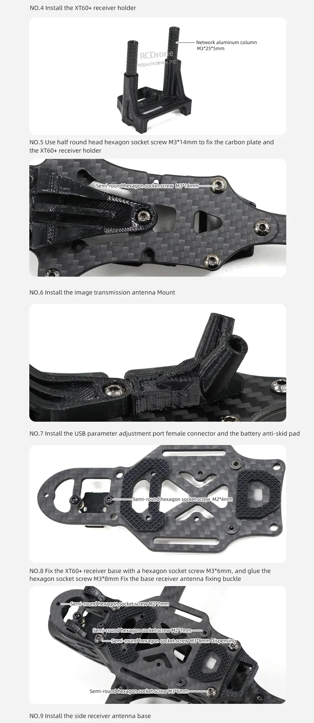 Close-up installation steps for XT60 receiver holder, antenna mount, USB parameter port, and anti-slip battery pad