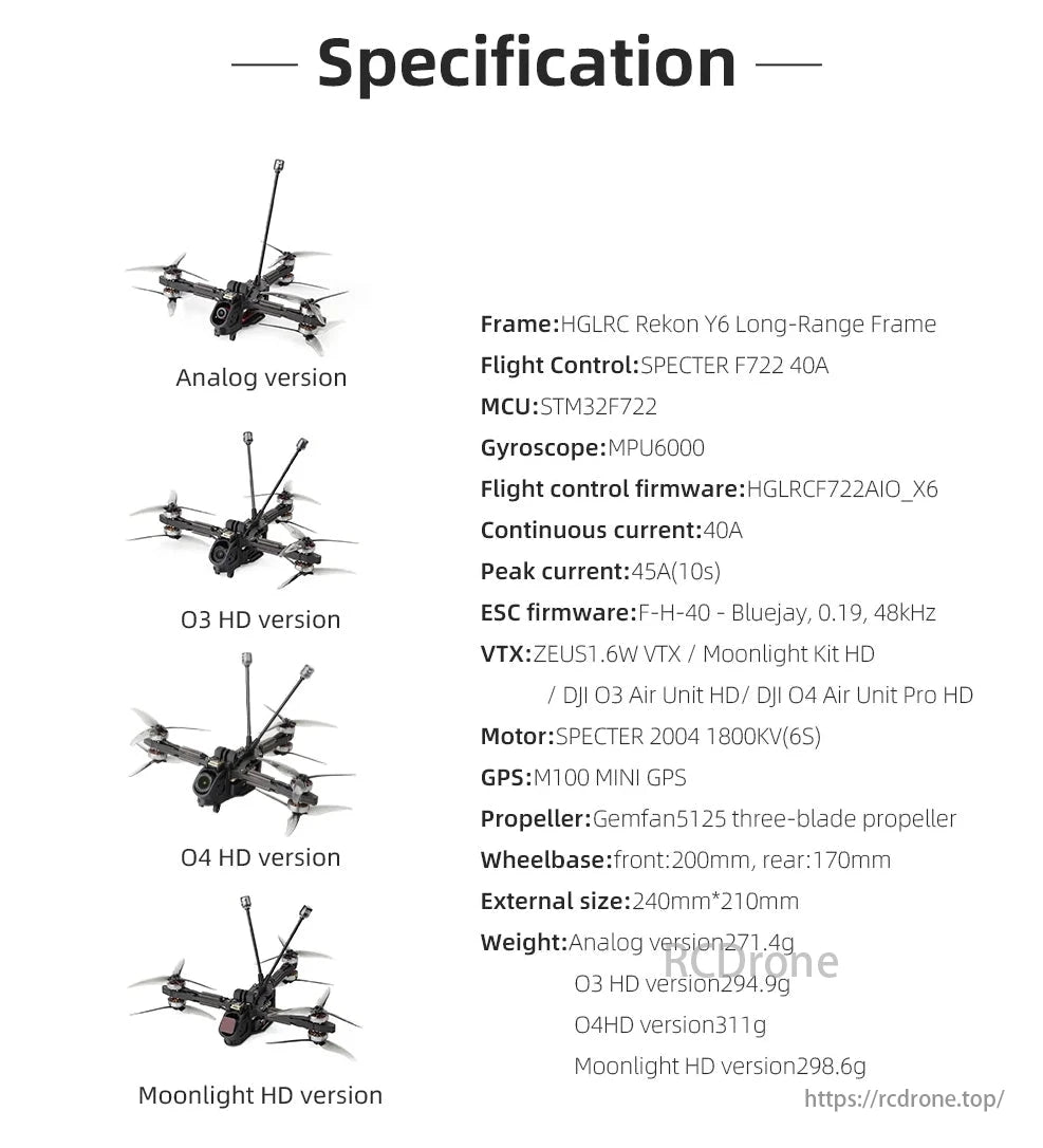 HGLRC Rekon Y6 6S 5-Inch Long-Range FPV, HGLRC Rekon Y6 6S FPV drone, Specter F722 40A flight control, STM32F722 MCU, MPU6000 gyroscope, long-range frame, Analog/O3/O4/Moonlight HD versions, 271.4-311g weight.
