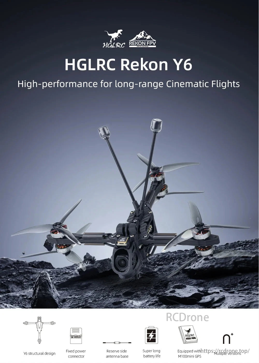 HGLRC Rekon Y6 6S 5-Inch Long-Range FPV, HGLRC Rekon Y6: 5-inch FPV drone with Y6 design, long battery life, M100mini GPS for cinematic flights.
