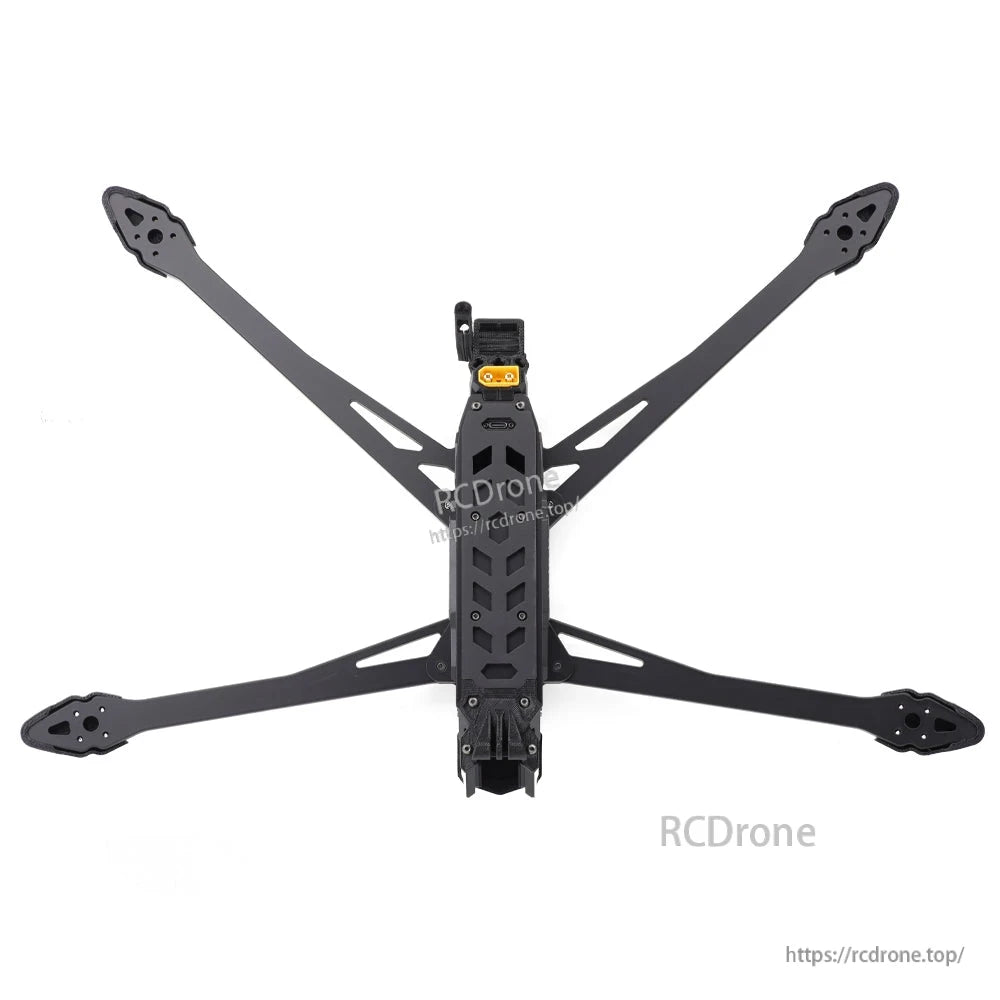 Top-down view of Rekon10 PRO V2 frame showing full X layout and XT60 battery lead at rear