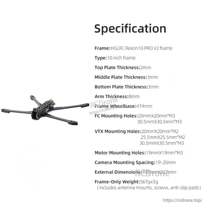 Specification chart for HGLRC Rekon10 PRO V2 frame with plate thickness, wheelbase, mounts, weight