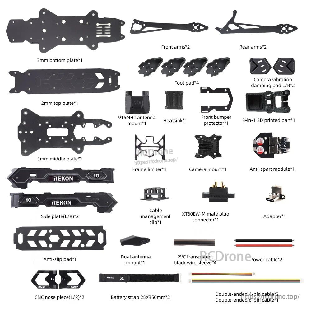 Frame kit package contents layout with plates, arms, mounts, straps, wiring, and hardware list