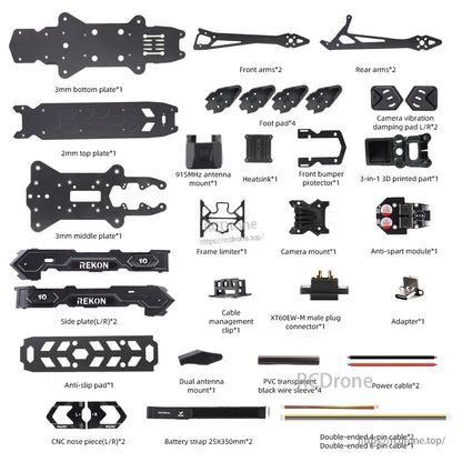 Frame kit package contents layout with plates, arms, mounts, straps, wiring, and hardware list