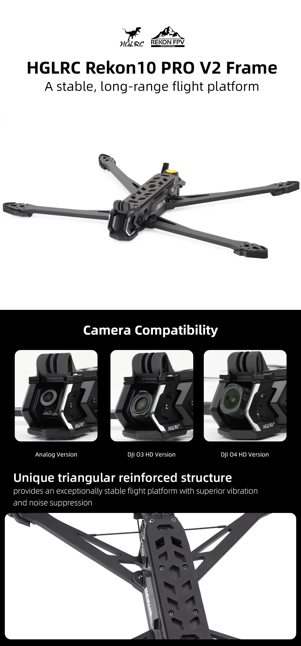 HGLRC Rekon10 PRO V2 10-inch long-range FPV frame kit with camera compatibility for DJI O4/O3 and analog