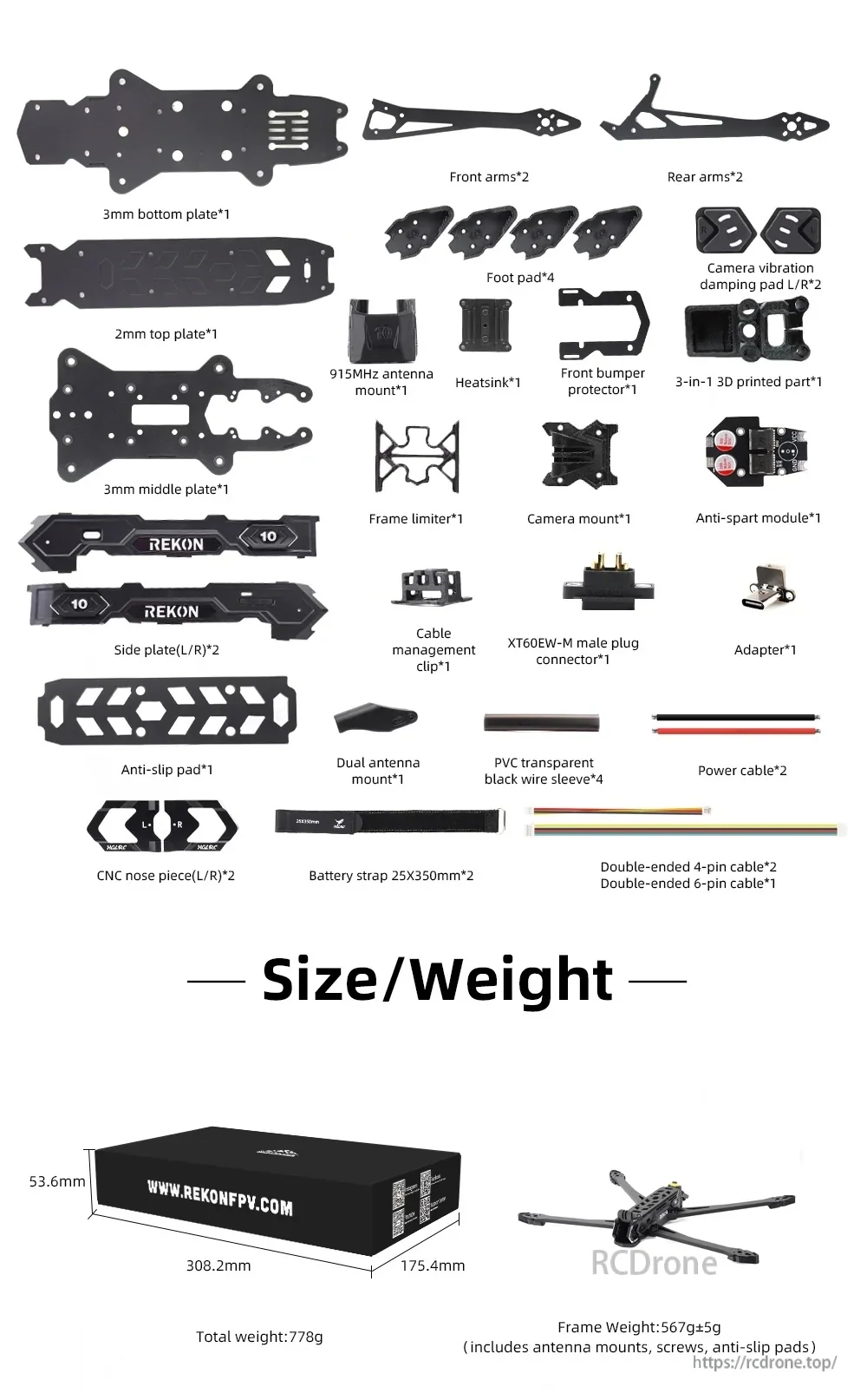 What’s included and size/weight chart for Rekon10 PRO V2 frame kit, showing plates, arms, side panels, mounts, and cables