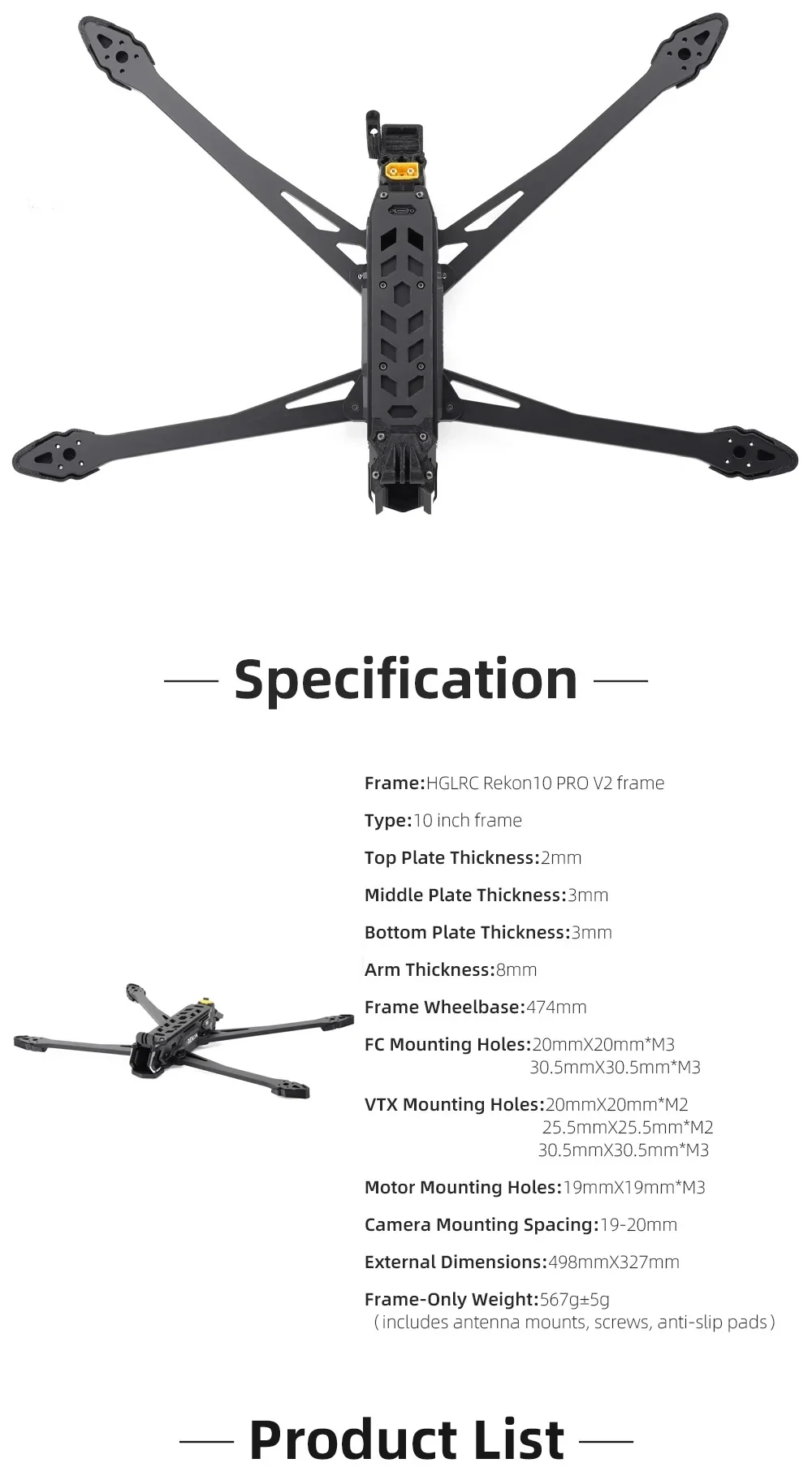 Rekon10 PRO V2 frame specifications graphic with top view and key measurements including 474mm wheelbase and mounting patterns
