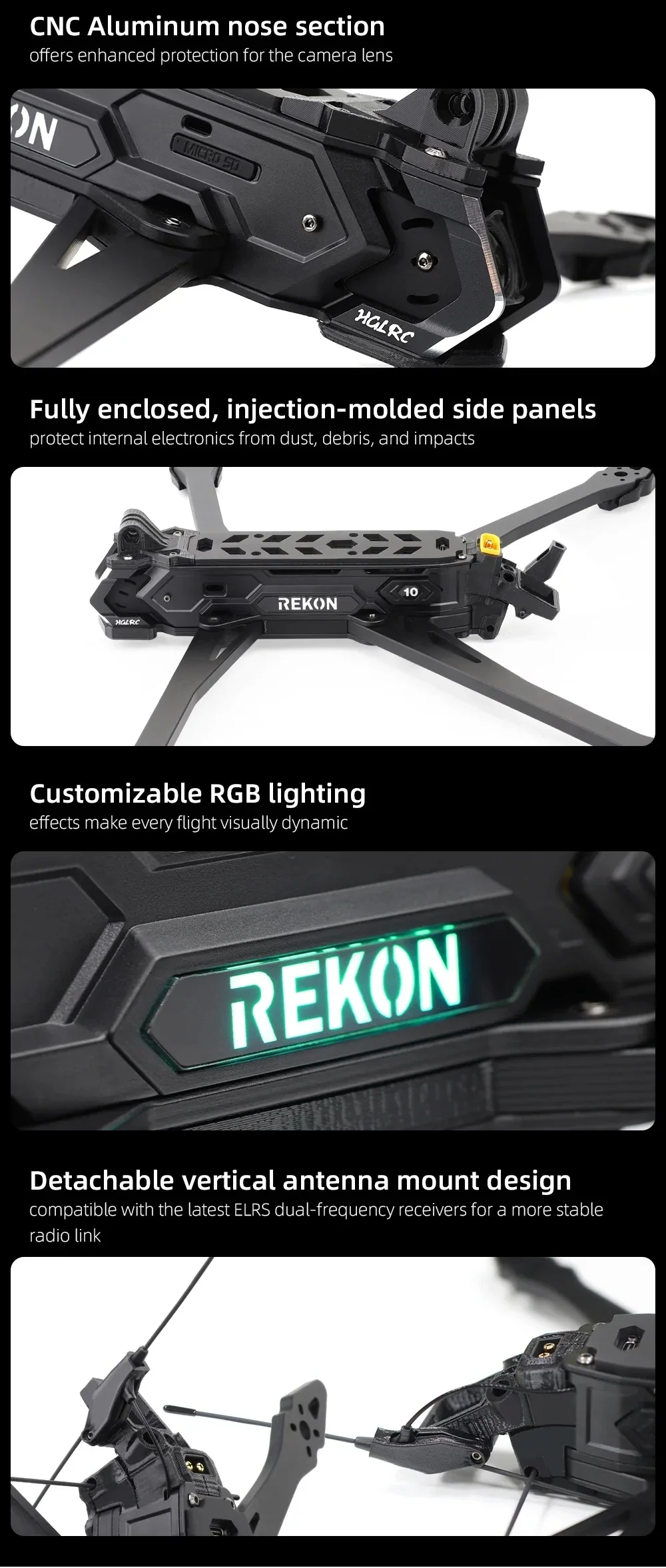 Close-up of CNC aluminum nose section and enclosed side panels on Rekon10 PRO V2 frame for lens and electronics protection