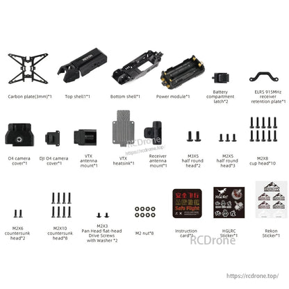 Rekon35 V2 frame kit package contents diagram with carbon plate, shells, power module, mounts, screws and stickers