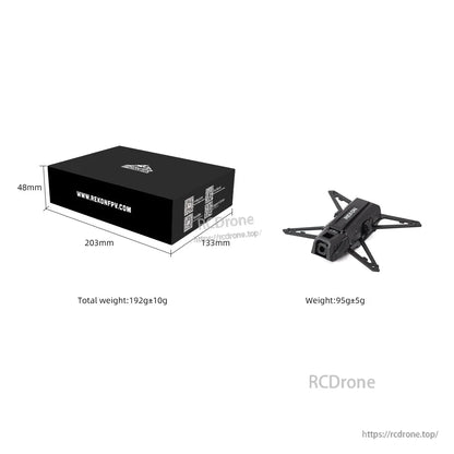 Rekon FPV box size diagram and weight comparison showing package dimensions and frame weight
