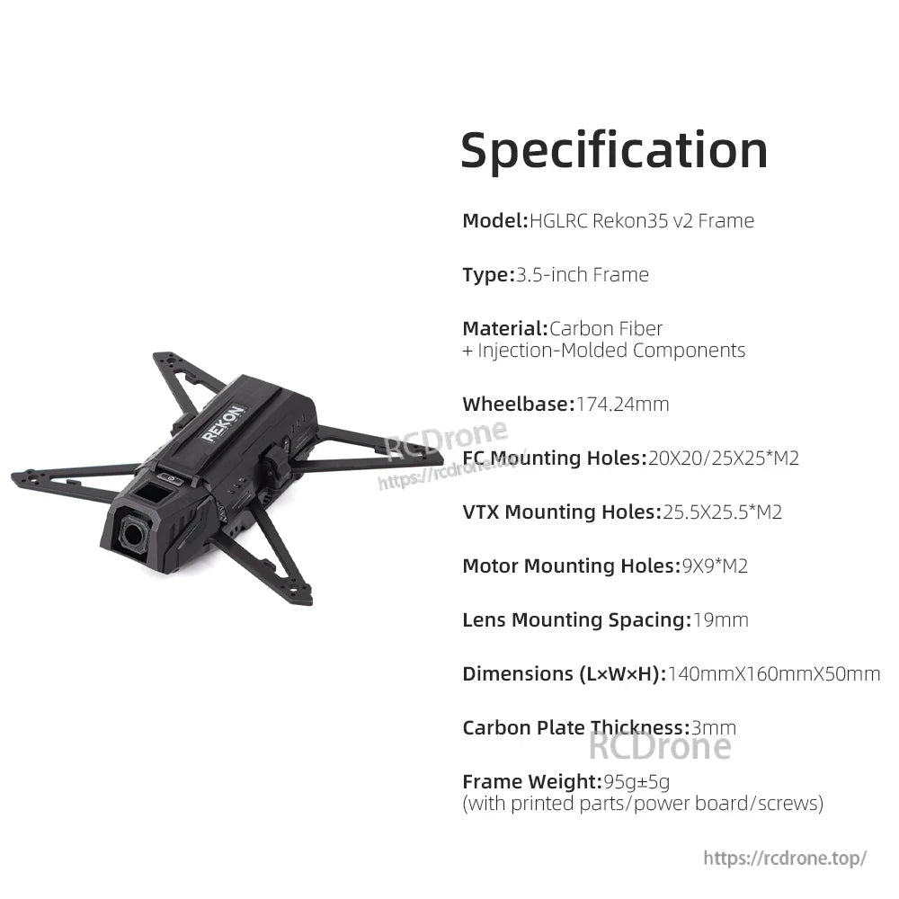Specification chart for HGLRC Rekon35 V2 frame with wheelbase, mounting holes, dimensions and weight