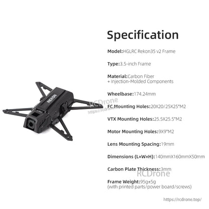 Specification chart for HGLRC Rekon35 V2 frame with wheelbase, mounting holes, dimensions and weight