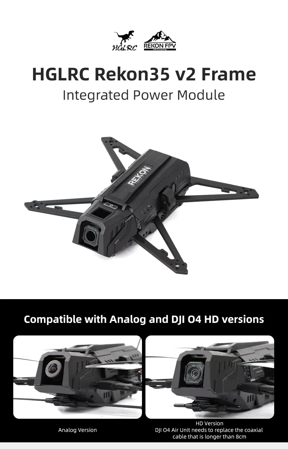 HGLRC Rekon35 V2 3.5-inch carbon fiber frame kit with integrated power module and front camera mount