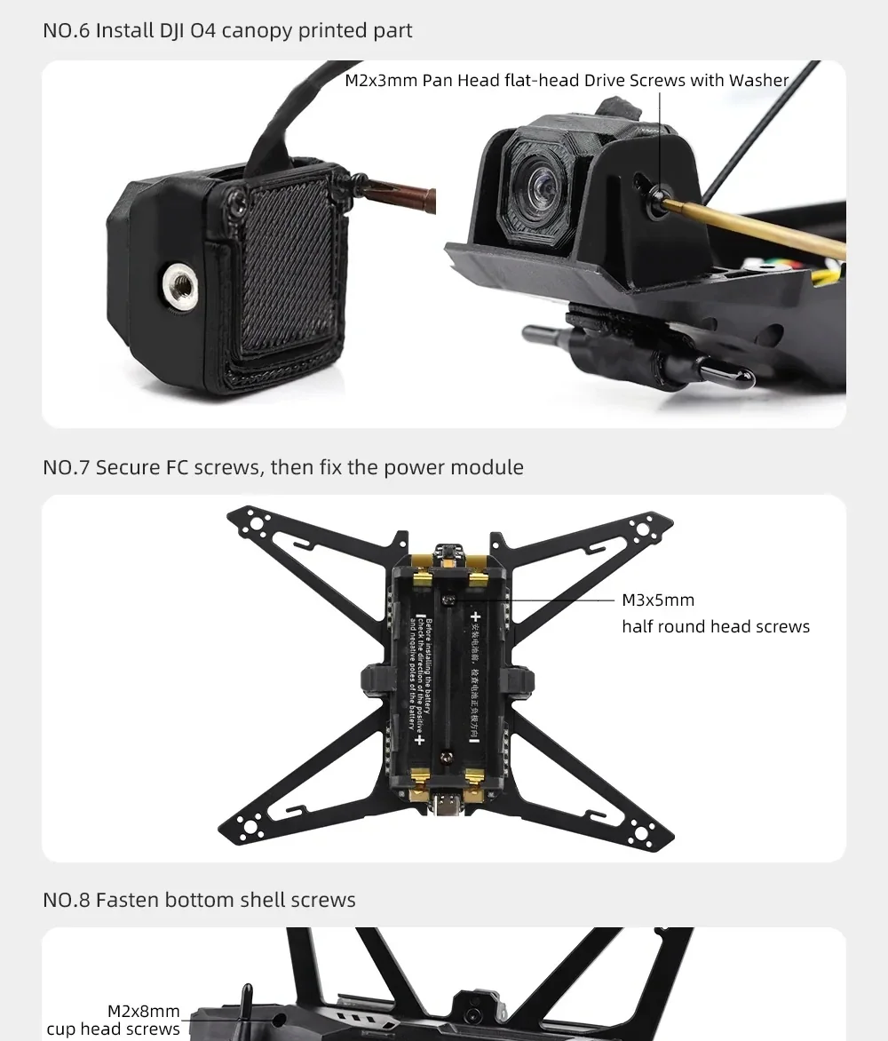 DJI O4 canopy printed part installation and 18650 battery tray/power module mounting on the carbon frame