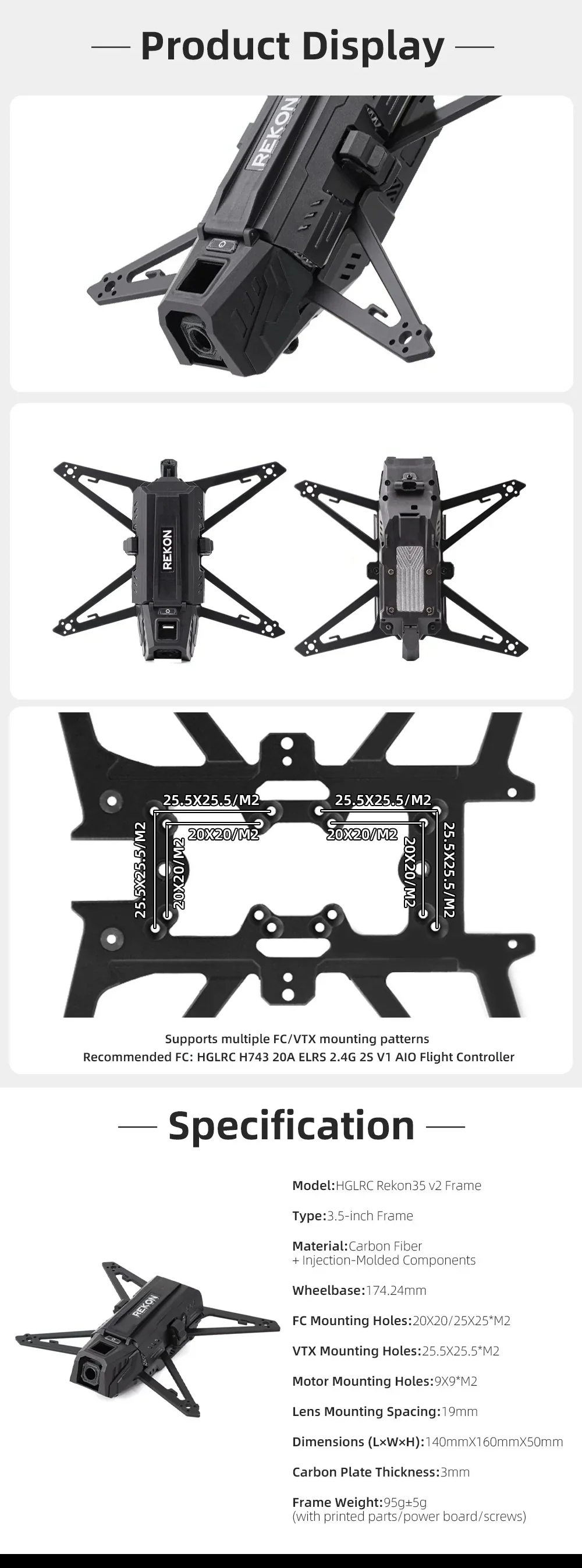 Rekon35 V2 frame overview plus FC/VTX mounting hole patterns (20x20, 25x25, 25.5x25.5) and specs list