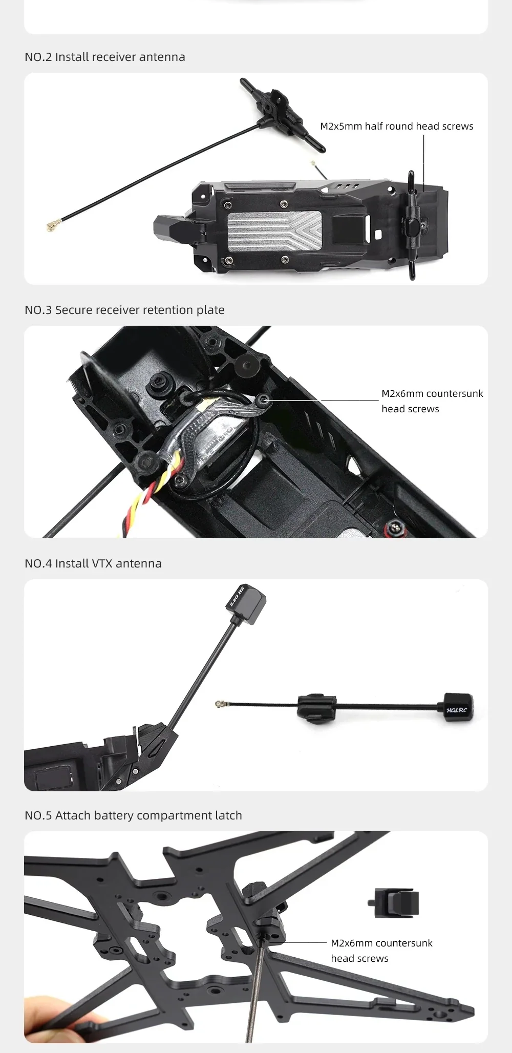 Installation steps: receiver antenna mount, retention plate, VTX antenna install, and battery compartment latch on the frame