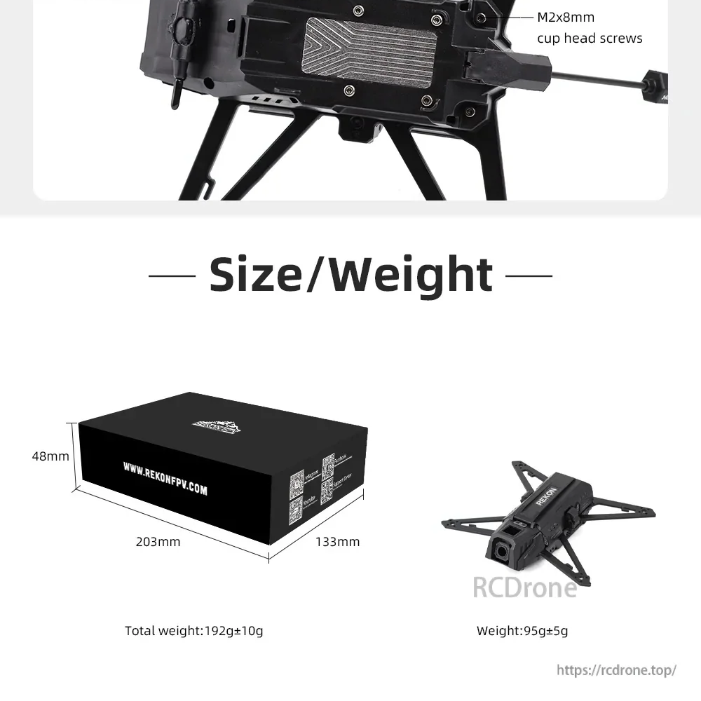 Size and weight graphic for HGLRC Rekon35 V2 frame with packaging dimensions and listed frame/total weight