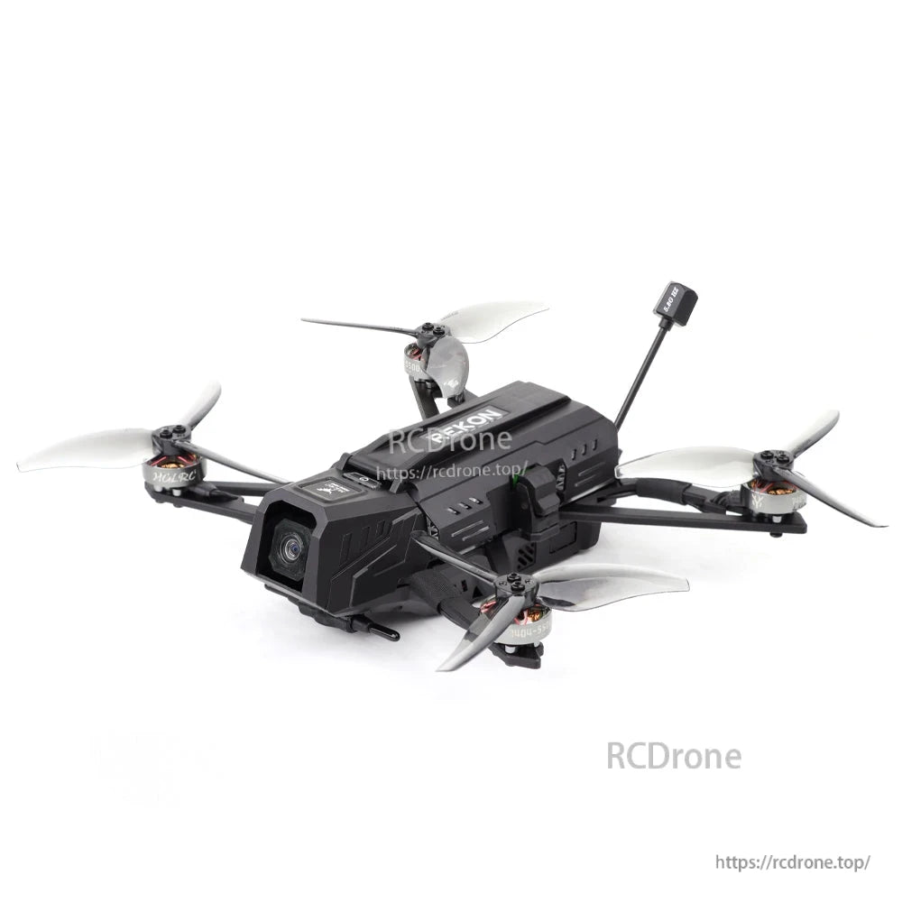 Rekon35 v2 angled side view showing camera lens, carbon arms, motors and upright antenna