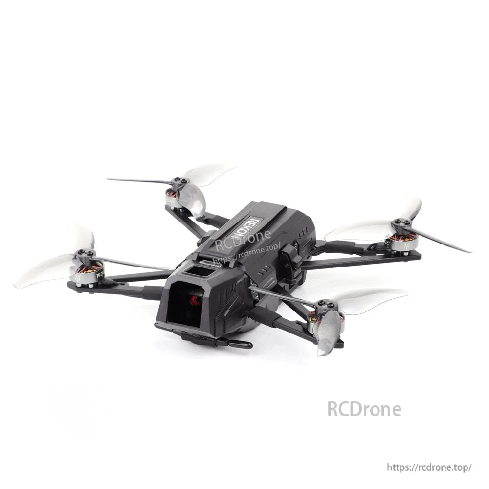 Rekon35 v2 FPV drone front view with camera mount opening visible and antenna behind canopy