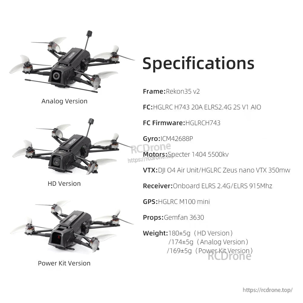Rekon35 v2 specifications chart showing analog, HD and power kit versions with component list