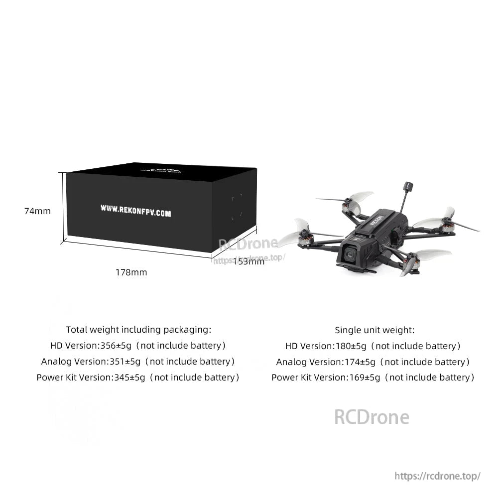 Rekon35 v2 packaging size and weight comparison chart with box dimensions and unit weight notes