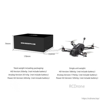 Rekon35 v2 packaging size and weight comparison chart with box dimensions and unit weight notes