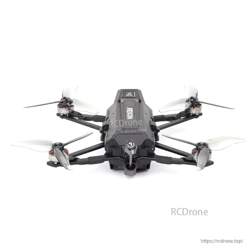 Rekon35 v2 top-down view showing 'REKON' canopy, frame layout, arms and propeller positions