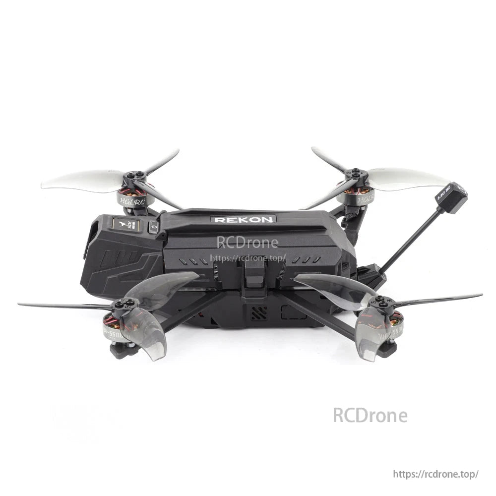 Rekon35 v2 side profile showing body vents, battery strap area and rear antenna mount
