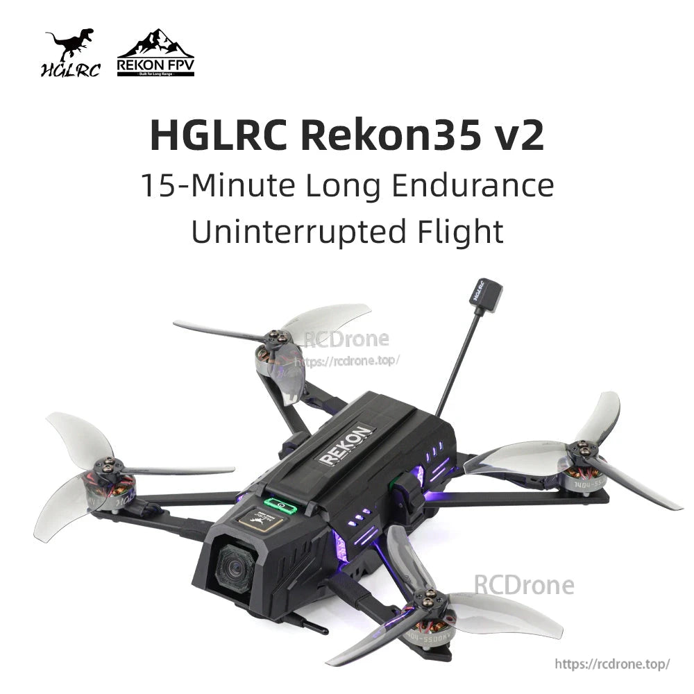 HGLRC Rekon35 v2 Long-Range FPV Drone endurance graphic with drone image and '15-Minute Long Endurance' text