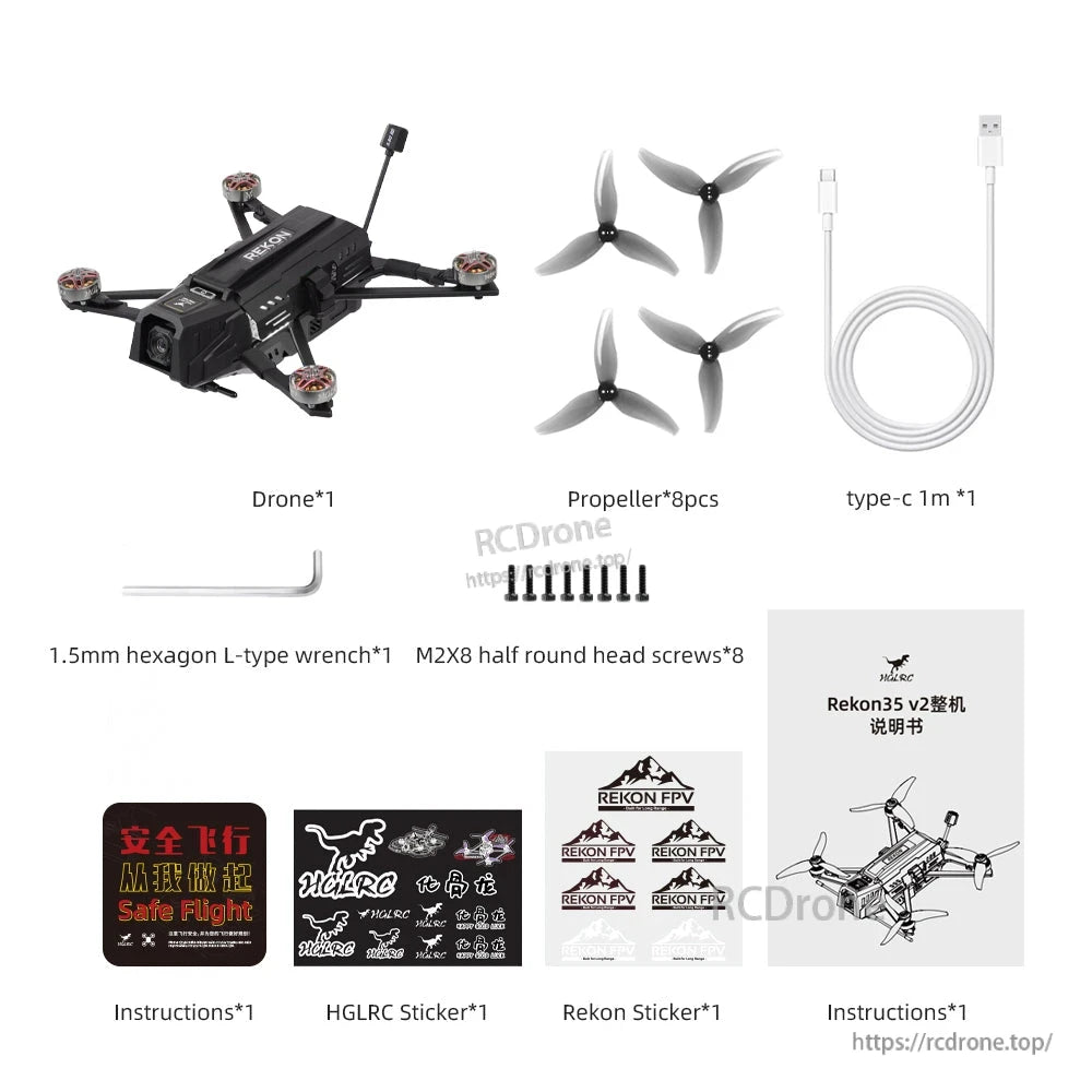 Rekon35 v2 package contents: drone, spare propellers, USB-C cable, hex wrench, screws, manuals and stickers