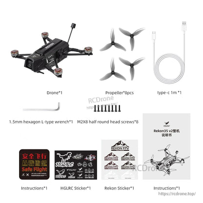Rekon35 v2 package contents: drone, spare propellers, USB-C cable, hex wrench, screws, manuals and stickers